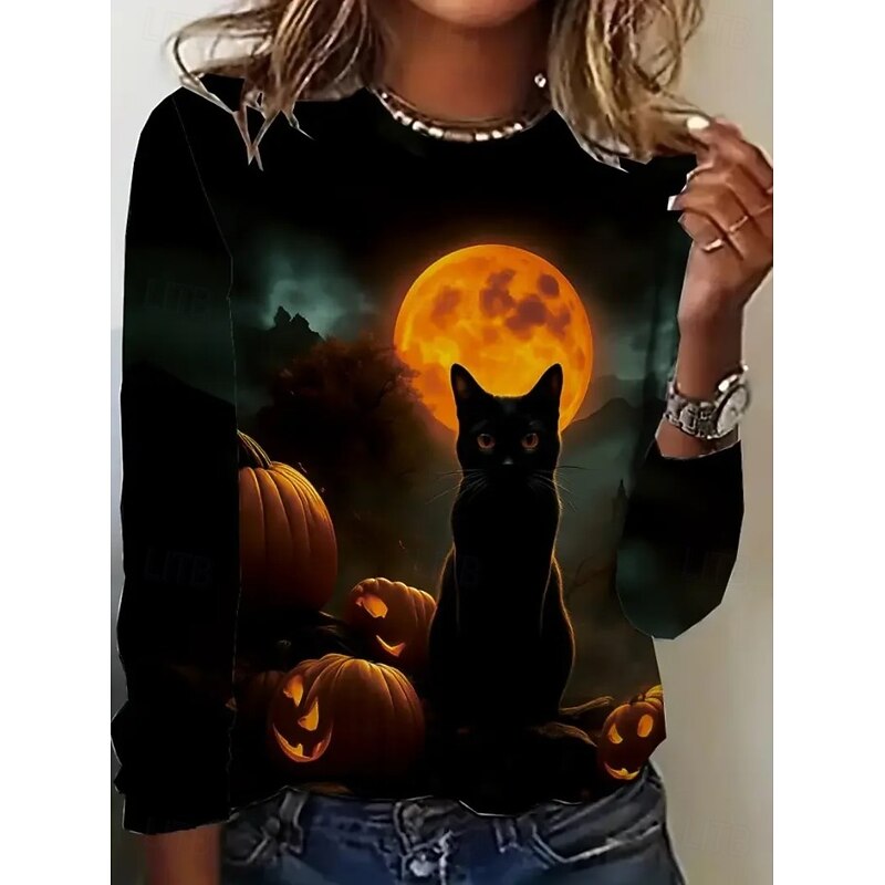 Halloween Women's T shirt Black Cat Graphic Cat Pumpkin Vintage Fashion Stylish Long Sleeve Crew Neck Round Neck Regular Tops Daily Weekend Print Black White Pink Blue Purple Spring Fall Winter2