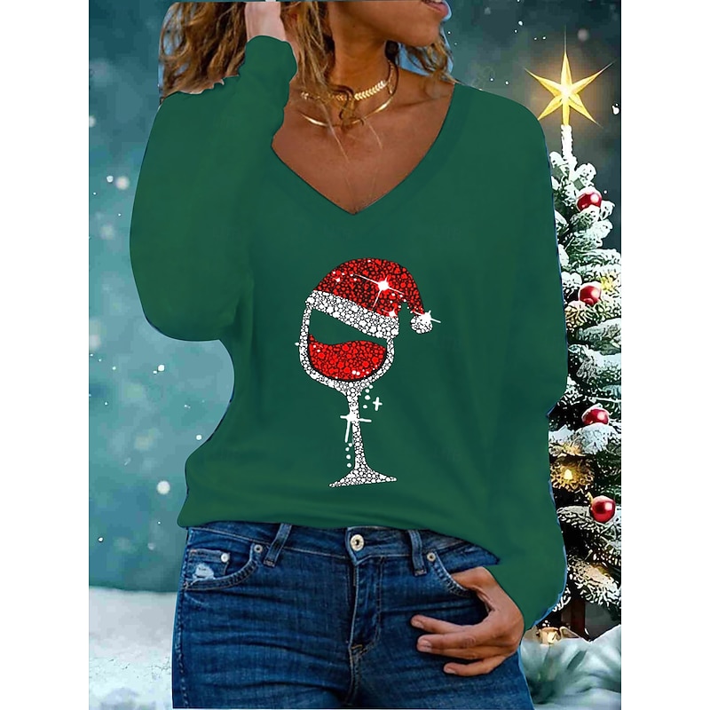 Christmas Women's T Shirt Blouse Ugly Christmas Basic Long Sleeve Flutter Sleeve V Neck Regular Tops Daily Sports Patchwork Print Black White Red Dark Green Green Spring Fall Winter