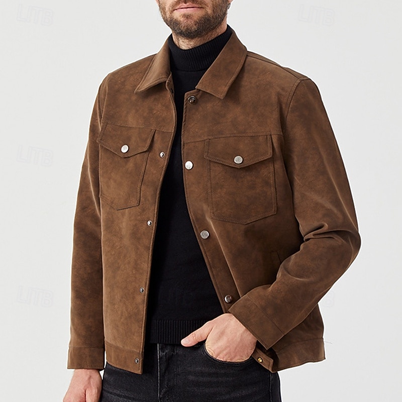 Men's Faux Suede Jacket Cargo Jacket Casual Jacket Vacation Daily Wearproof Pocket Fall Winter Plain Fashion Classic Lapel Regular Black Brown Gray Jacket