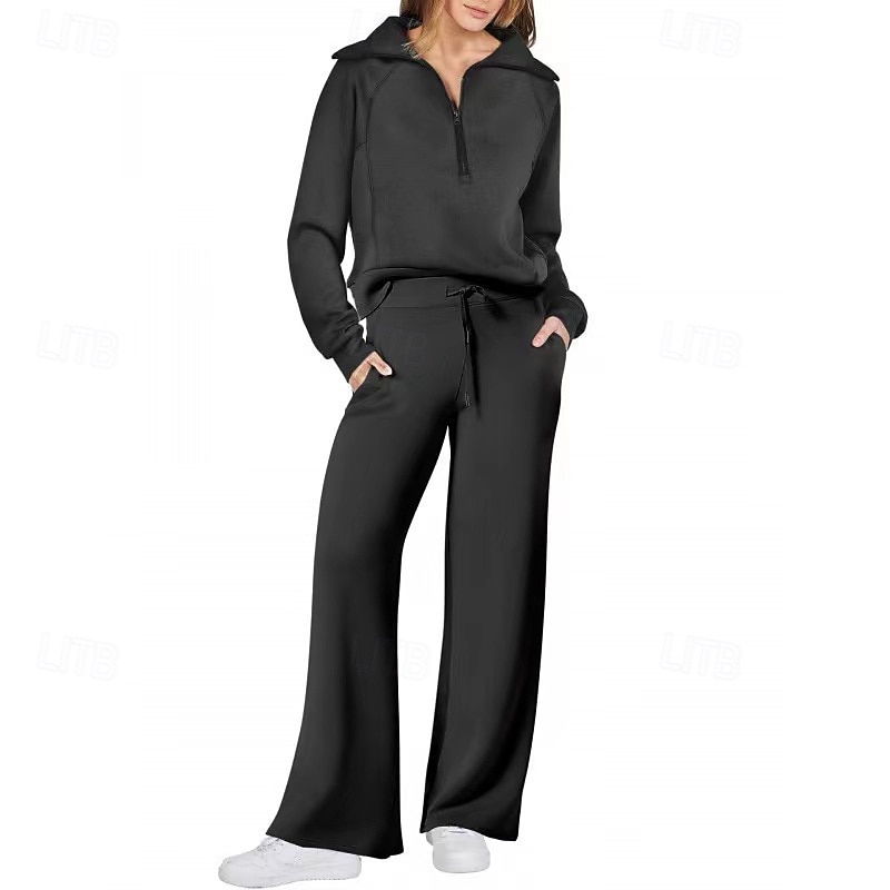 Women's Pullover Sweatsuit Sets 2 Piece Tracksuit Lounge Outfits  with Pocket Solid Colored Clothing Suit Fall / Winter Light Coffee Black Gym Running Fitness Long Sleeve Sport Activewear2