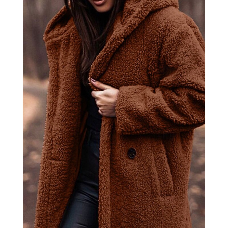 Women's Winter Coat Fleece Jacket Warm Comfortable Pocket Buttons Fashion Casual Plain Vacation Street Casual Daily Wear Single Breasted Long Hooded Regular Fit Long Sleeve Outerwear Brown Fall Winter2
