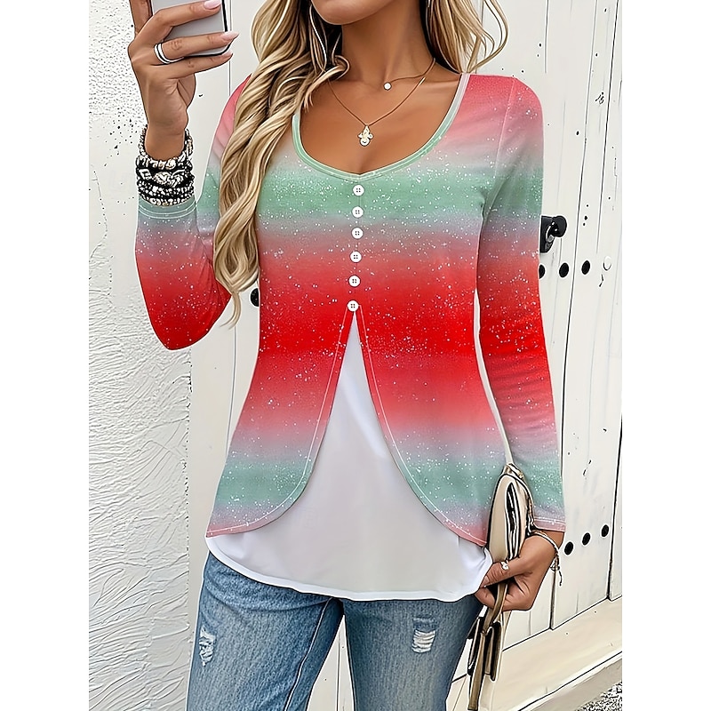 Women's T Shirt Graphic Gradient Striped Vintage Stylish Modern Long Sleeve Crew Neck Regular Tops Daily Print Red Spring Fall Winter
