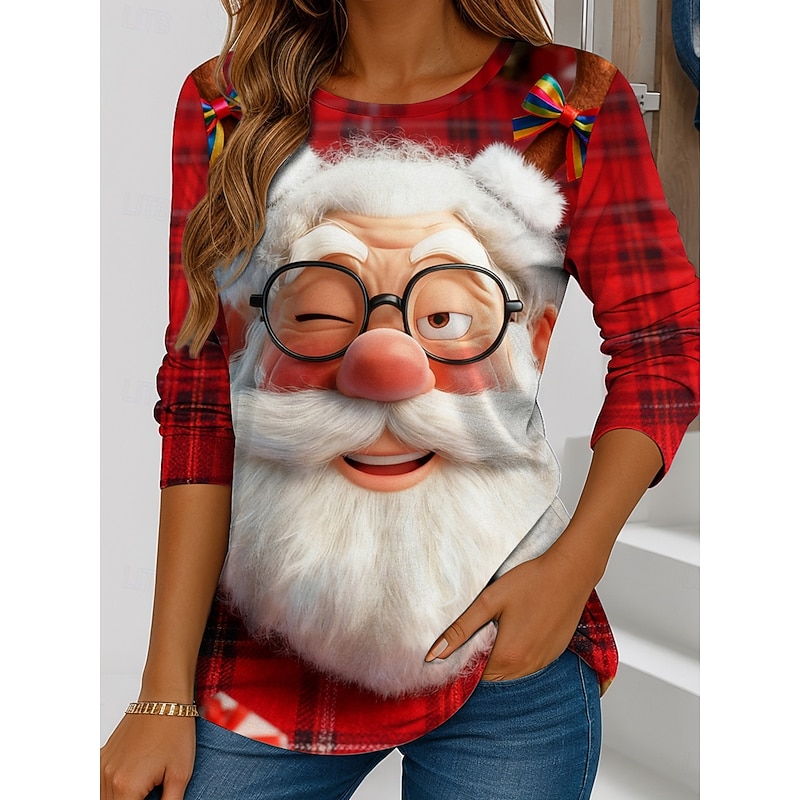 Christmas Women's T Shirt Santa Claus Snowflake Casual Long Sleeve Crew Neck Regular Tops Weekend Print Black White Red Blue Orange Winter4