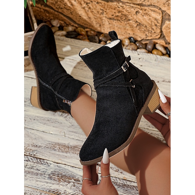 Women's Boots Combat Boots Daily Chain Chunky Heel Pointed Toe Casual Suede Zipper Camel Black2