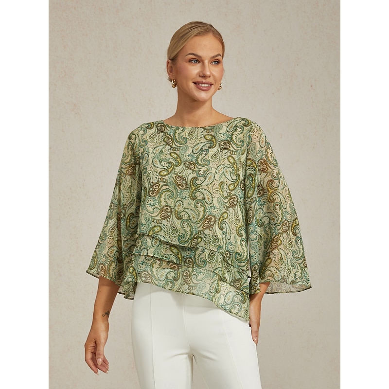 Women's Blouse Green Paisley Floral Layered 3/4 Sleeve Loose Fit Round Boat Neck Casual Elegant Spring Summer