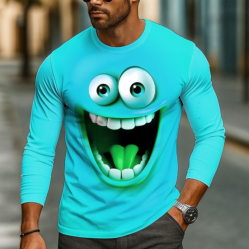 Men's 3D Funny Emotes T Shirt Long Sleeve T shirt 3D Print Crew Neck Shirt Fashion Exaggerated Street Daily Lake Blue Yellow Orange Summer Spring Fall Clothing Apparel S M L XL XXL XXXL