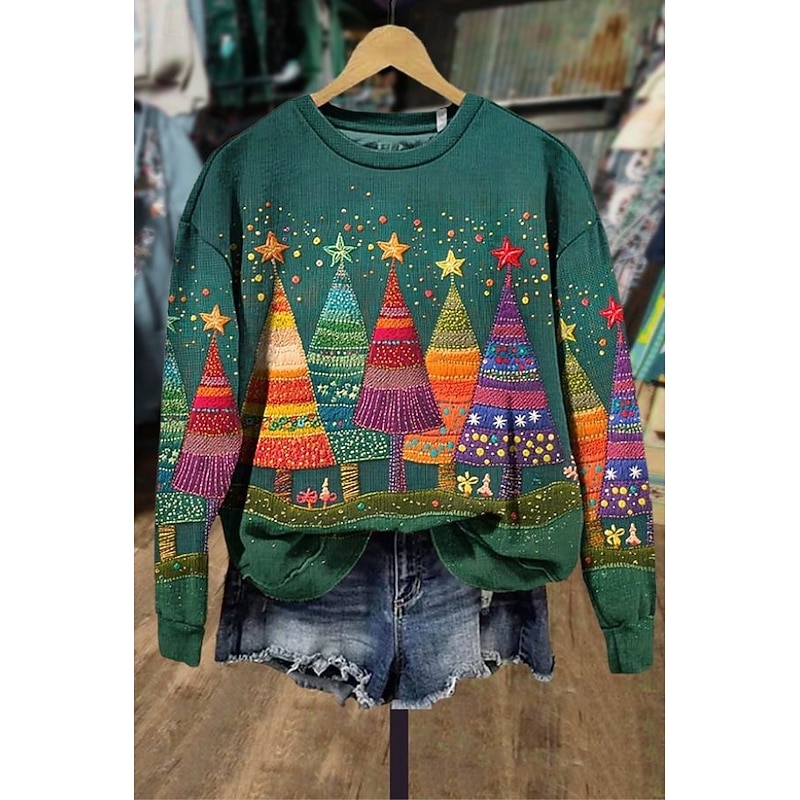 Women's Pullover Sweatshirt Christmas Tree Christmas Casual Long Sleeve Crew Neck Regular Tops Street Dailywear Casual Blue Dark Green Green Fall Winter