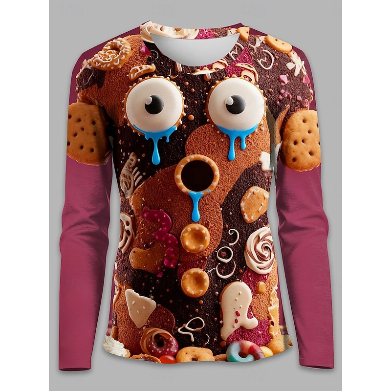 Christmas Women's T Shirt Geometric Vintage Stylish Casual Long Sleeve Crew Neck Regular Tops Weekend Print Fuchsia Brown Khaki Winter