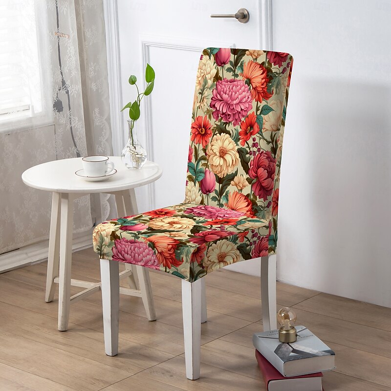Floral Dining Chair Cover, Geometric Printed Polyester Slipcover, Elastic Non-Slip Chair Protector for Home or Party
