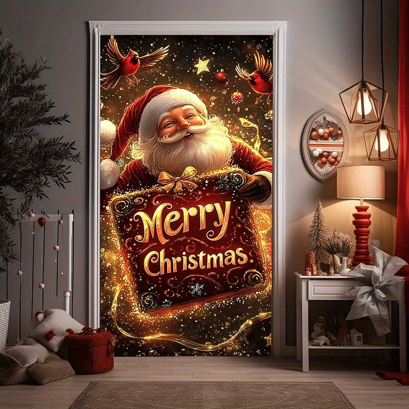 Christmas Door Cover Santa Claus Merry Christmas Holiday Decor Colorful Christmas Ornaments Winter Theme Drapes Festive Home Decoration Curtain Large Seasonal Door Cover
