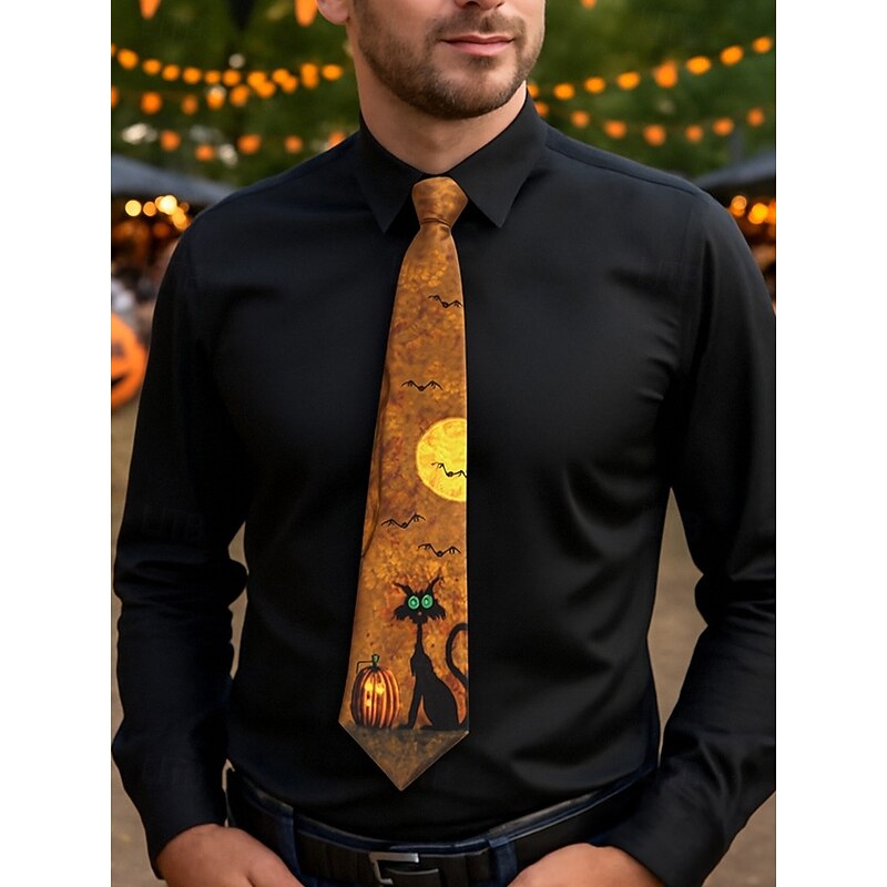 Men's Halloween Novelty Necktie with Skull, Pumpkin and Cat Prints – Fun Party Costume Dress Tie for Festivals and Cosplay2