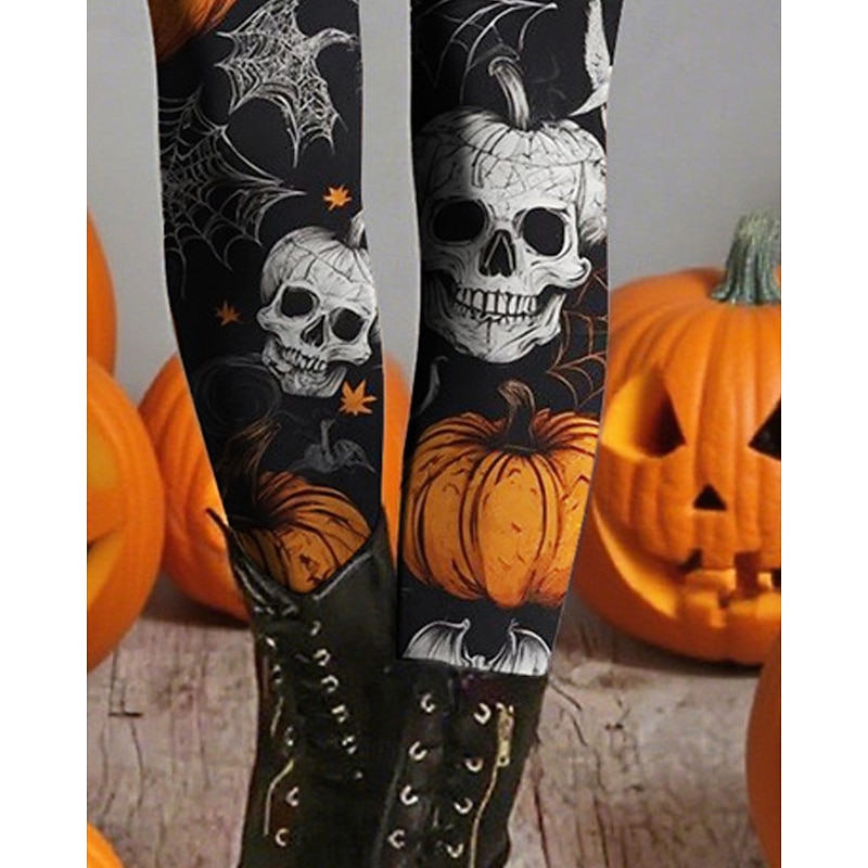 Women's Leggings Cozy Leggings Vacation Vintage Ethnic Style Full Length High WaistPantsHalloween Skull Pumpkin Printing Thermal Warm Comfortable Stretchy Vacation Casual Daily Black Fall Winter Slim3