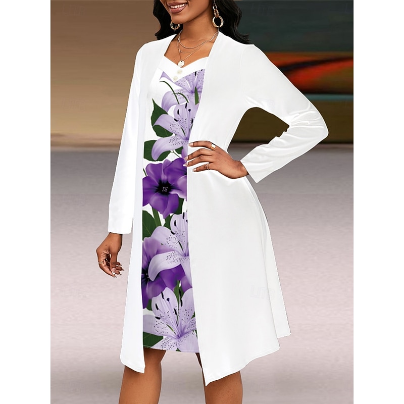 Women's Midi Dress A Line Dress Casual Daily Regular Fit Floral Long Sleeve V Neck Purple Summer Spring Fall2