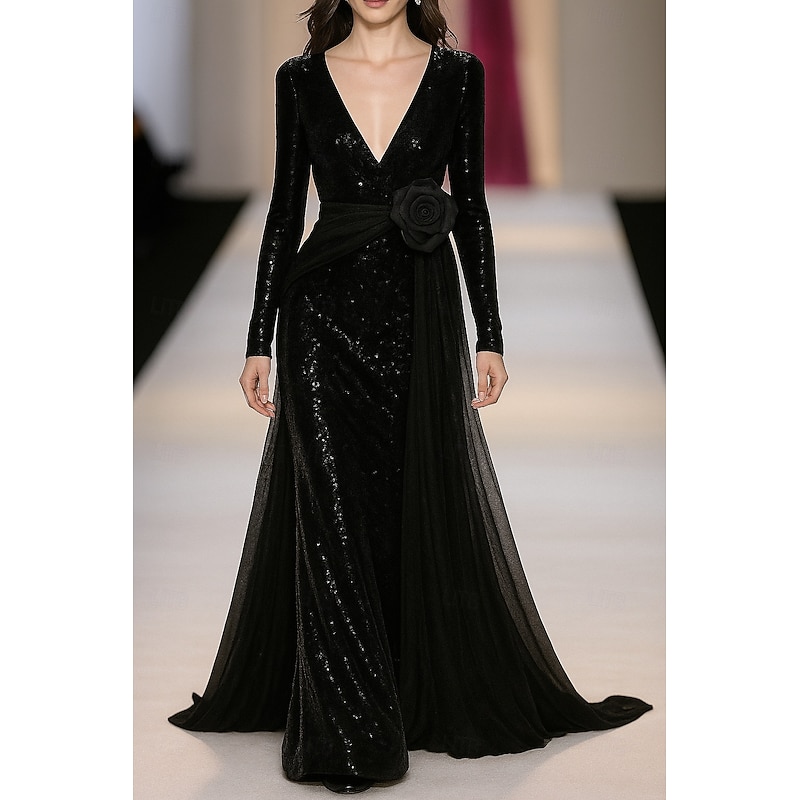 Black and White Sheath / Column Evening Gown Sequined Elegant Formal Dress Formal Wedding Floor Length Long Sleeve V Neck Chiffon with Glitter 20253