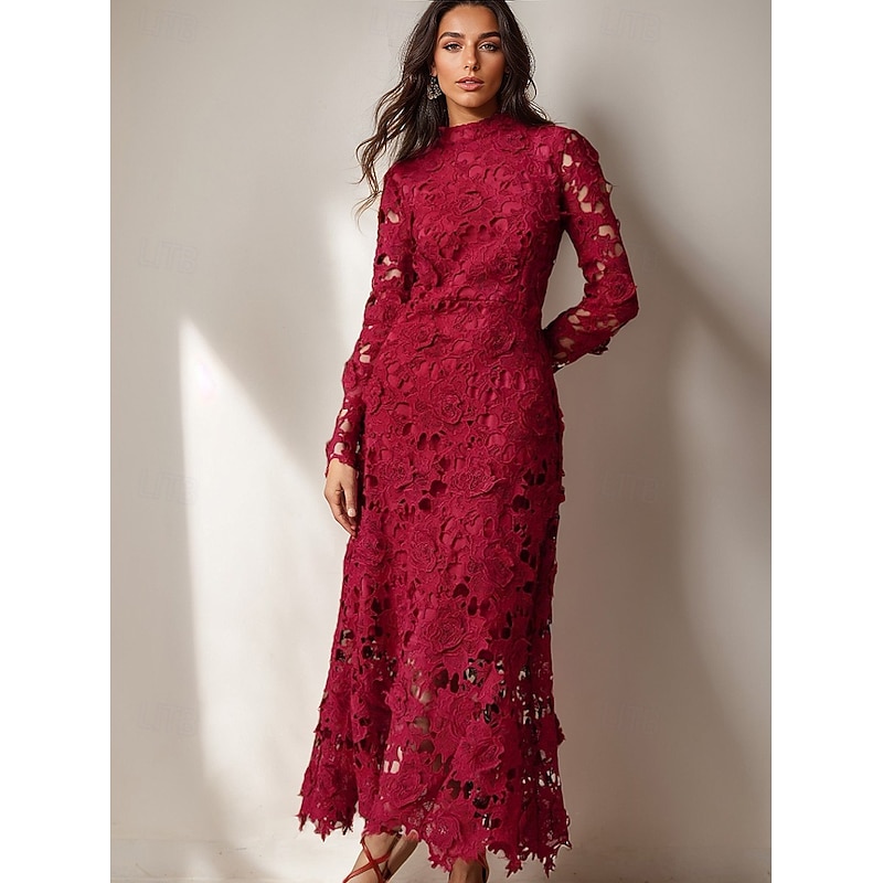 Burgundy Floral Embroidered Lace Sheath / Column Evening Gown Elegant Formal Dress Formal Wedding Ankle Length Long Sleeve High Neck Lace with Appliques 2025