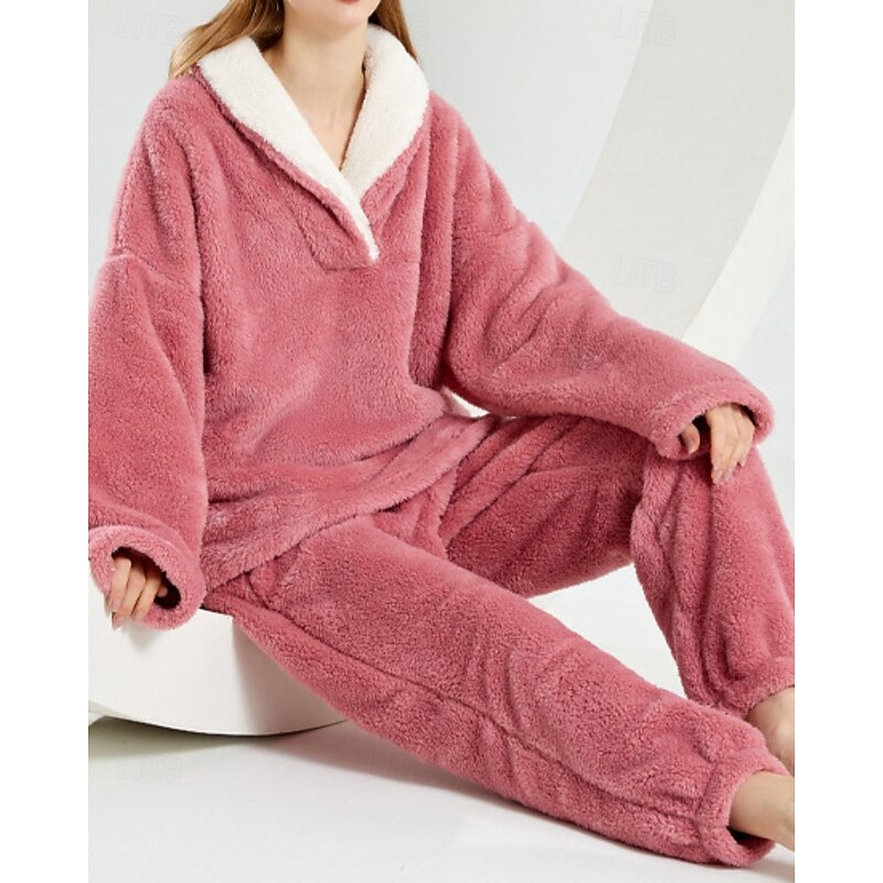Women's Loungewear Pajama Set Casual Pure Color Elastic Waist Pullover Pant Vacation Home Long Sleeve V Neck Black Wine Purple Rose Red Beige Winter Loose Fit2