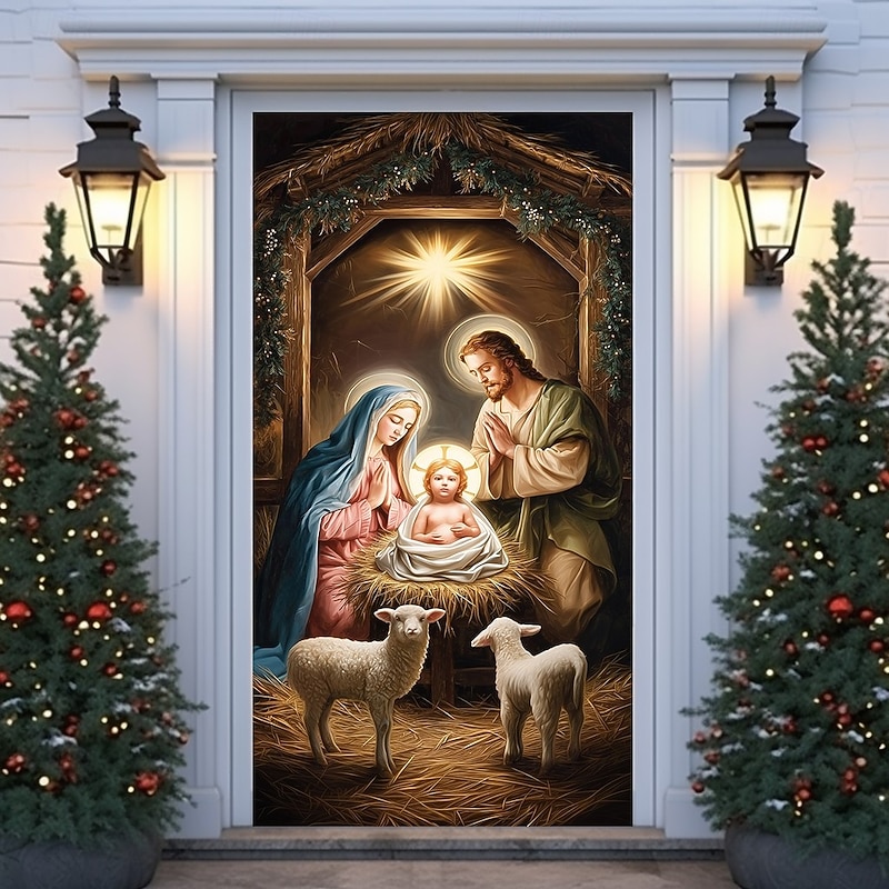 Christmas Door Cover, Nativity Scene Holiday Door Curtain with Baby Jesus, Mary and Joseph, 2025 Xmas Religious Door Hanging for Home Church Party Decor