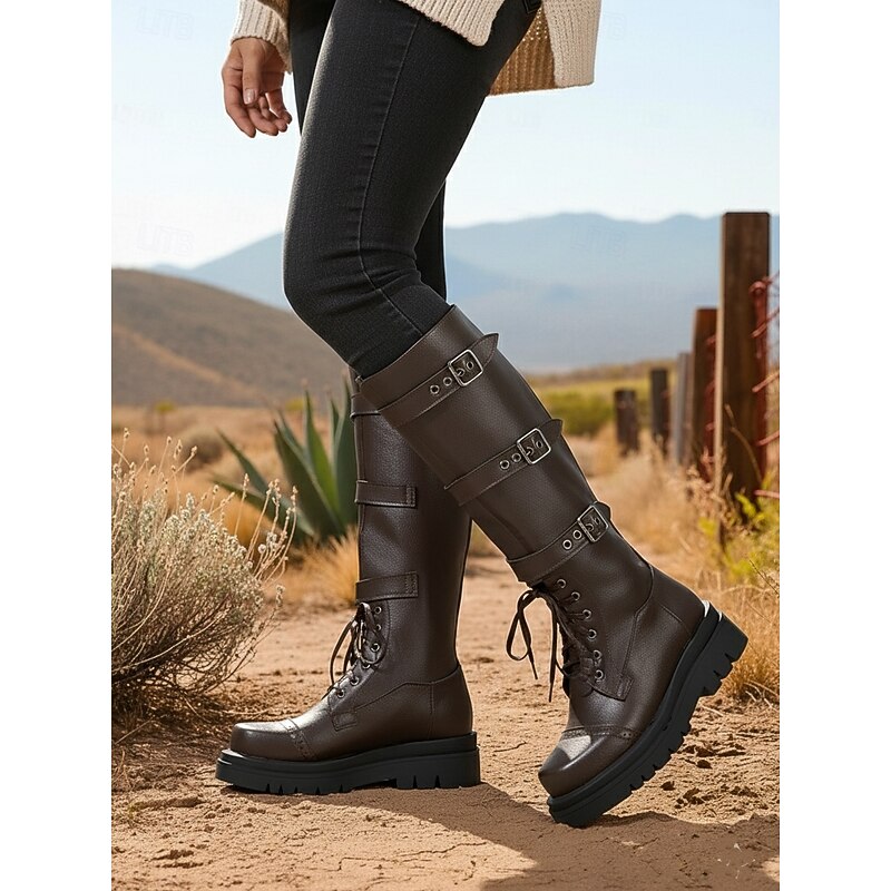 Women's Brown Knee-High Riding Boots with Buckle Straps - Gothic Military Style Platform Boots for Fall Fashion, Cosplay and Festival Outfits2