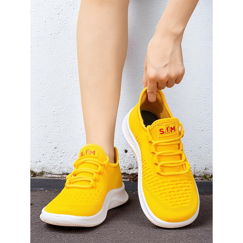 Women's Wide Width Yellow Flyknit Sneakers, Lightweight Casual Walking Shoes for Sports and Streetwear4