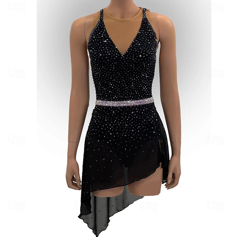 Figure Skating Dress Women's Girls' Ice Skating Dress Black Patchwork Asymmetric Hem Mesh Spandex High Elasticity Training Competition Skating Wear Classic Crystal / Rhinestone Sleeveless Ice Skating