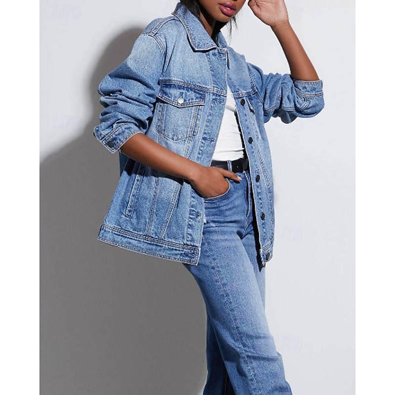 Women's Denim Jacket Comfortable Pocket Buttons Casual Plain Vacation Going out Weekend Regular Turndown Loose Fit Long Sleeve Outerwear Black Blue Spring Fall3