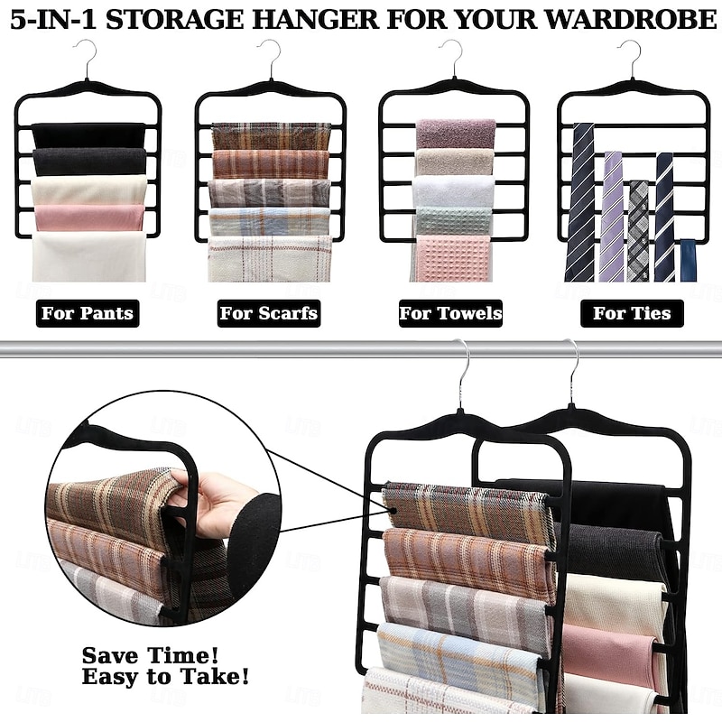 3 Pack Closet Organizers and Storage Velvet Pants-Hangers-Space-Saving,Non Silp 5 Tier Scarf Jeans Organizer,Dorm Room Essentials for College Students Girls Boys Guys,Organization and Storage4