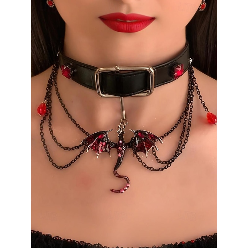 Women's Gothic Dragon Choker Necklace – Black Faux Leather Collar with Red Gem Chains, Punk Cosplay Jewelry for Halloween Party