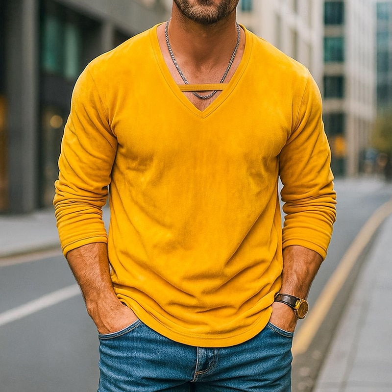 Men's T Shirt Long Sleeve V Neck Fall Winter Palm Tree Elegant Warm Vacation V Neck Training Outdoor Home Lake blue Yellow Purple Top Tee for Men