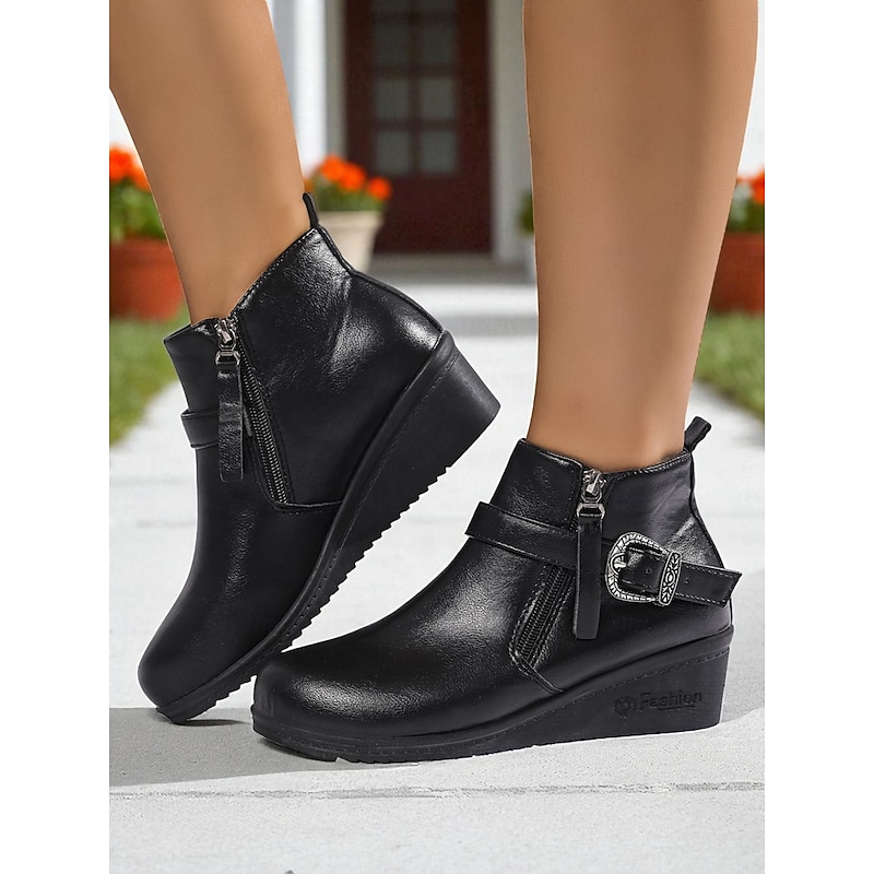 Women's Brown Faux Leather Ankle Boots with Side Zipper – Comfortable Wedge Heel Short Boots for Work and Casual Walking2