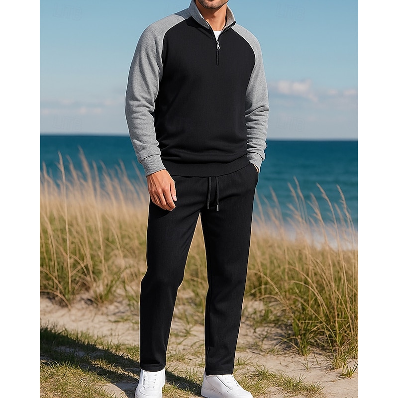 Men's Pullover Sweatsuit Sets 2 Piece Tracksuit Lounge Outfits  Quarter Zip with Pocket Color Block Clothing Suit Fall White Khaki Hiking Vocation Outdoor Long Sleeve Sport Activewear Micro-elastic