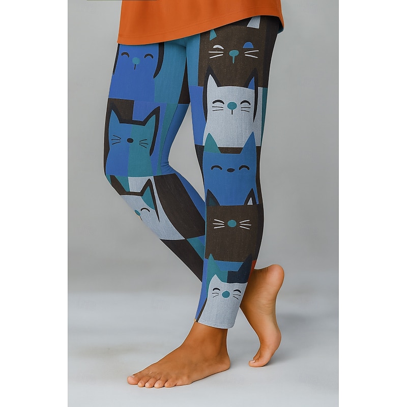 Women's Leggings Vacation Vintage Ethnic Style Full Length High Waist Graphic Cat 3D Print Quick Dry Breathability Soft Stretchy Outdoor Home Causal Black Blue Orange Green Fall Skinny2