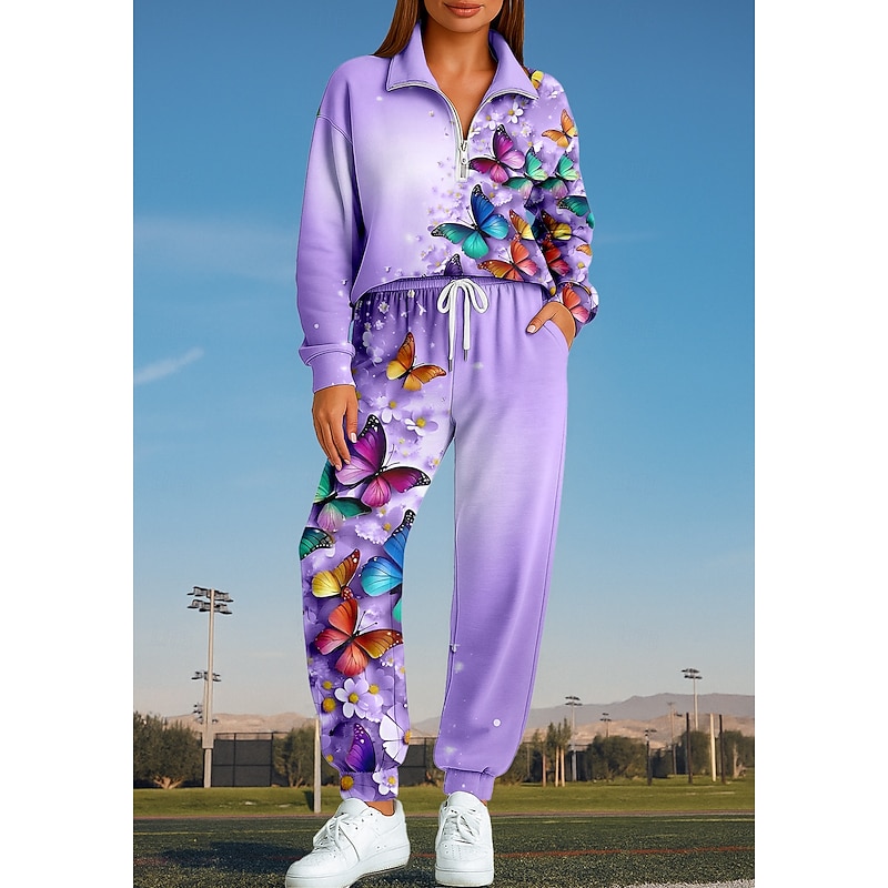 Women's Sweatshirt Tracksuit 2 Piece Tracksuit Drawstring Zip Up Floral Athletic Clothing Set Clothing Suit Fall Purple Vocation Outdoor Travel Lightweight Fashion Long Sleeve Sport Activewear3