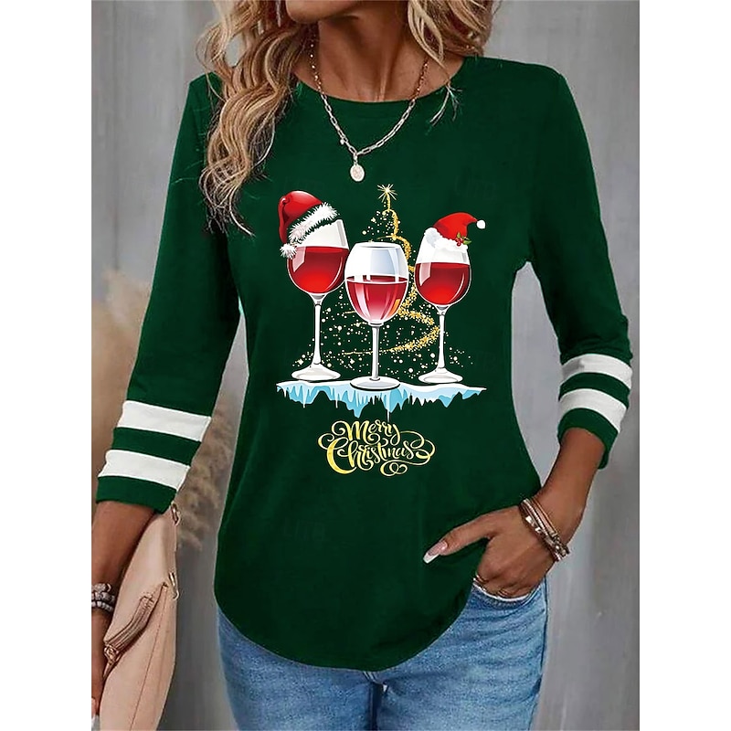Christmas Women's T Shirt Graphic Letter Wine Glass Vintage Fashion Stylish Long Sleeve Crew Neck Round Neck Regular Tops Daily Weekend Print Black Wine Blue Purple Green Fall Winter3