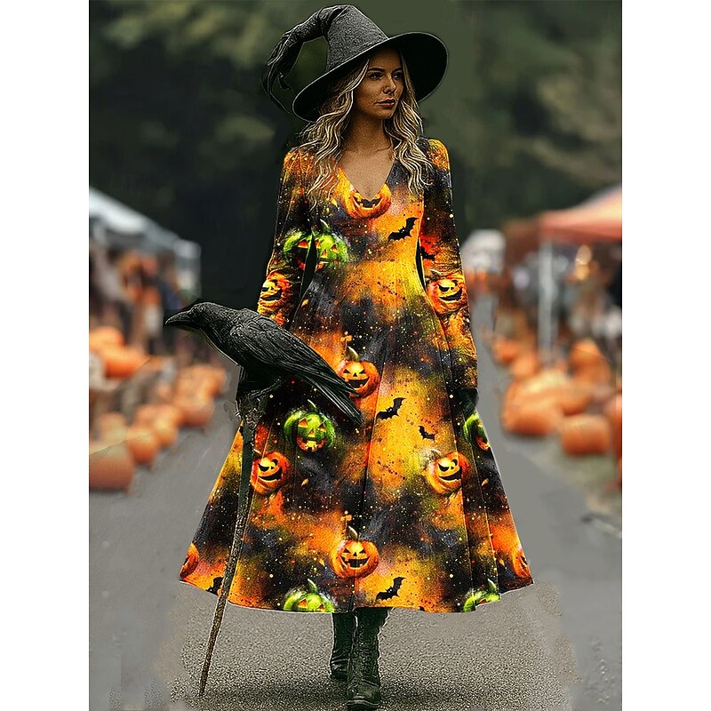 Halloween Women's Witch Print Midi Dress Casual Dress A Line Dress Vacation Casual Wedding Party Birthday Regular Fit Graphic Long Sleeve V Neck Black Purple Orange Green Spring Fall2