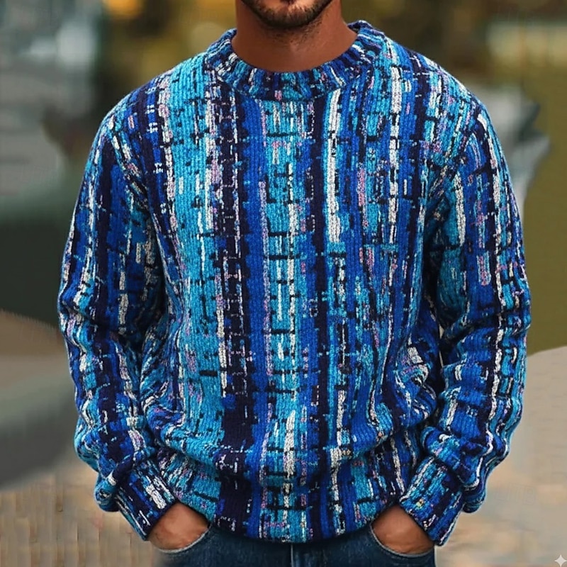Men's Color Block Abstract Pullover Sweater Jumper Knitwear Crewneck Casual Vacation Home Street 3D Print Knitting Keep Warm Long Sleeve Spring Fall Winter Blue Purple Multi Color