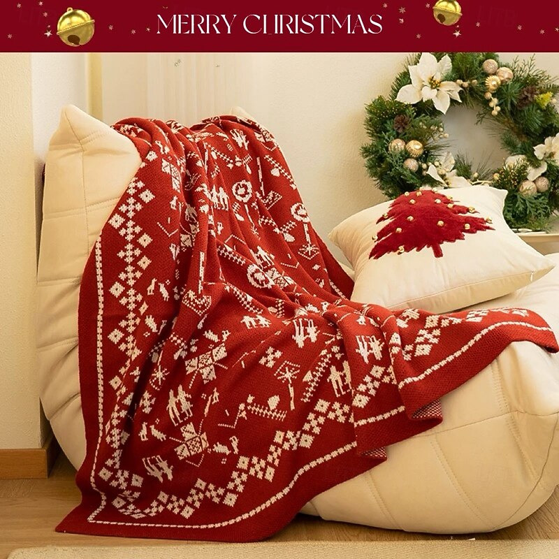 Christmas Red Blanket Cartoon Multi-Functional Thick Cotton Blanket with Gold Thread, Decorative Throw, Textile Sofa Blanket3