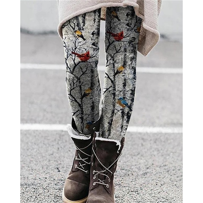 Women's Pants Trousers Leggings Cozy Leggings Streetwear Casual Full Length High Waist Bird Elastic Waist Print Breathability Comfortable Stretchy Vacation Street Daily Wear Gray Spring Fall Regular