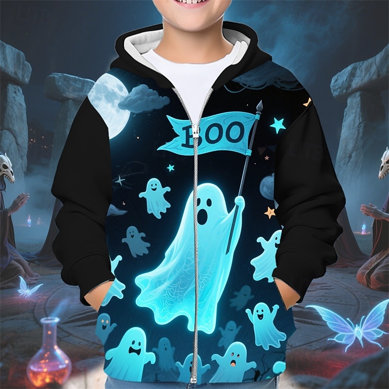 Halloween Boys' 3D Cartoon Ghost Hoodie Coat Outerwear Long Sleeve Spring Fall Adorable Sport Kids 4-12 Years Zip Street Daily Regular Fit