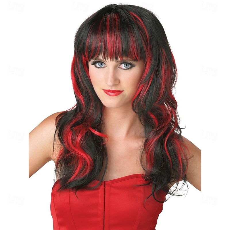 Vamp Halloween Costume Wig Long Wavy Curly Wig for Cosplay Party (Black/Red)