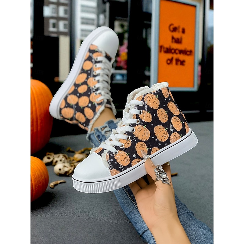 Women's Halloween Pumpkin High Top Sneakers – Casual Canvas Lace-Up Shoes with Festive Print for Autumn, Costume Party and Everyday Wear4