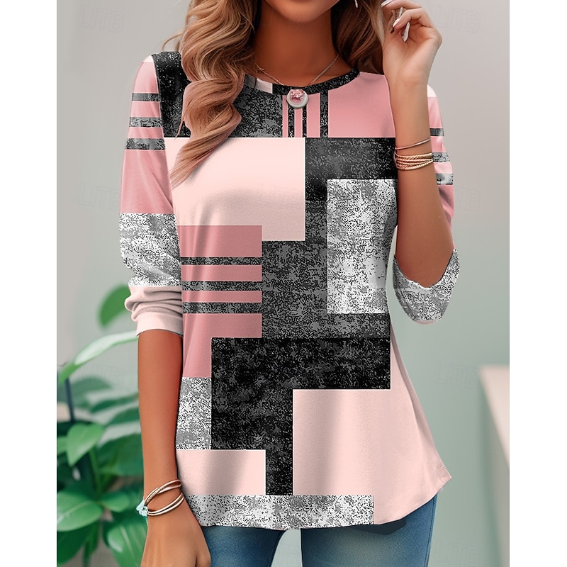 Women's T Shirt Graphic Geometric Vintage Fashion Stylish Long Sleeve Crew Neck Regular Tops Daily Weekend Print Pink Blue Brown Khaki Summer Spring Fall3