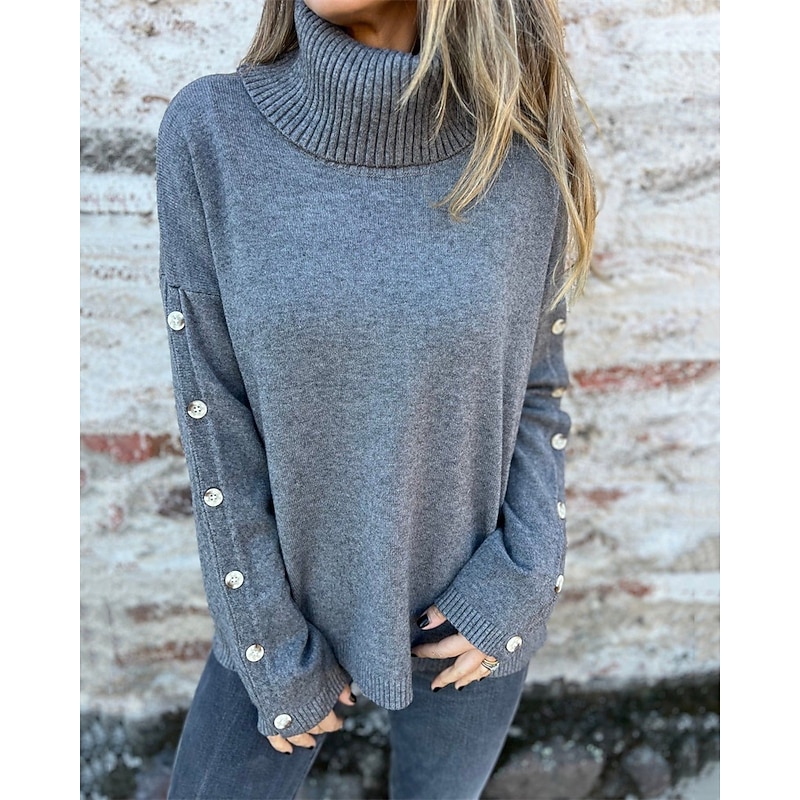 Women's Sweater Fashion Streetwear Casual Pure Color Ribbed Turtleneck Knitted Long Sleeve Regular Tops Knit Outdoor Daily Weekend Dark Gray Fall Winter