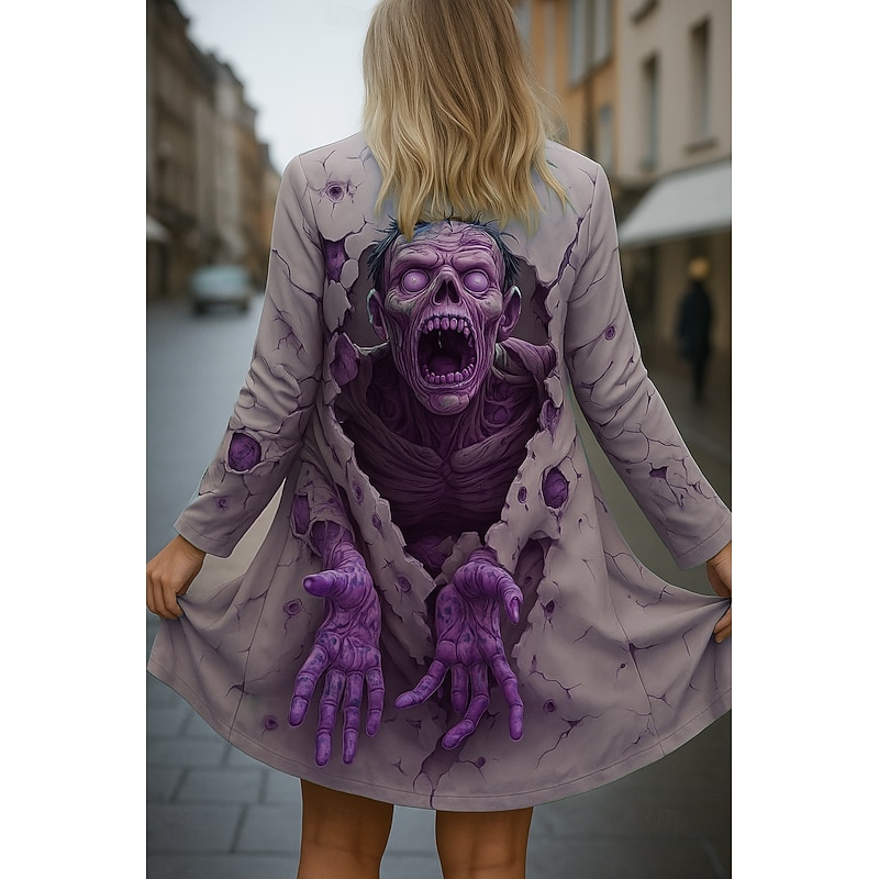 Halloween Skull Women's Cloak / Capes Quick Dry Lightweight Knit Active Exaggerated 3D Casual Long Collarless Regular Fit Long Sleeve Outerwear Light Green Pink Purple Fall2