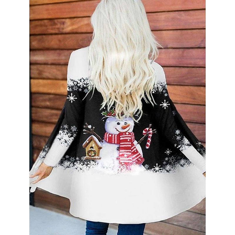 Women's Winter Coat Lightweight Comfortable Print Open Front Vintage Fashion Casual Snowman Vacation Casual Long Collarless Regular Fit Long Sleeve Outerwear Black Spring Fall