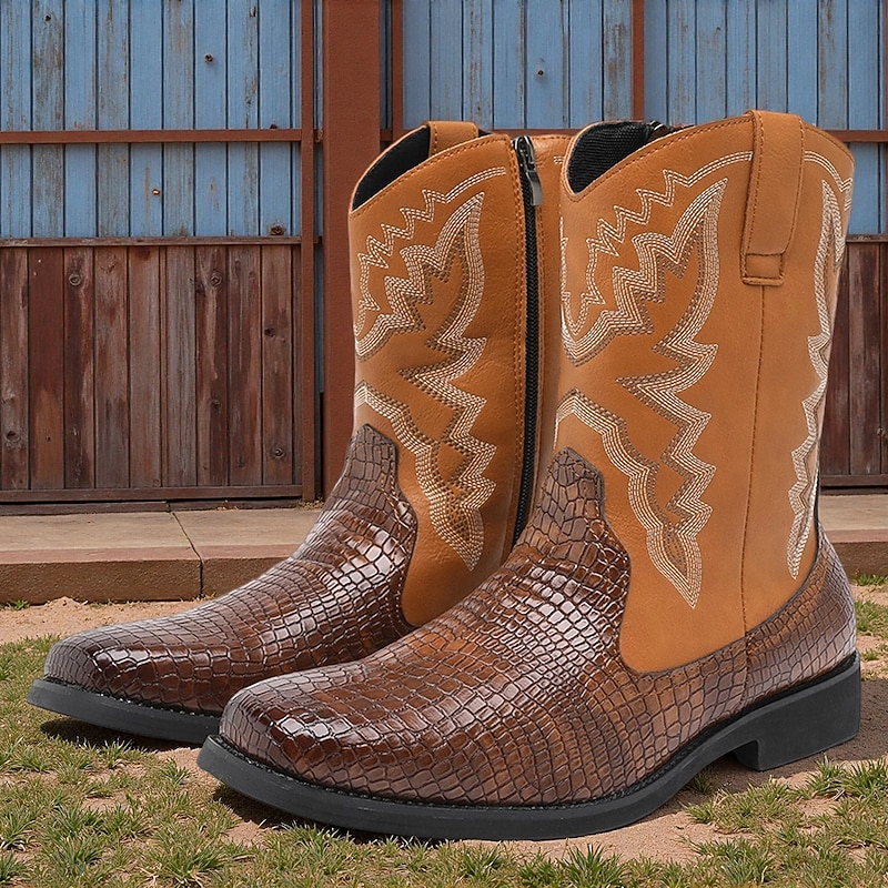 Men's Brown and Crocodile Print Western Cowboy Boots with Embroidered Details, Square Toe, Durable Outsole, Stylish Rodeo Footwear for Horse Riding, Line Dancing, Country Weddings and Outdoor Events