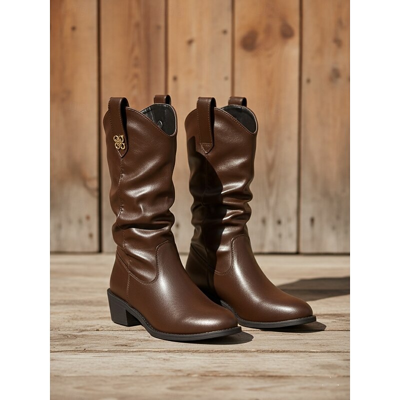 Women's Mid-Calf Boots with Soft Wide Shaft, Low Block Heel and Decorative Metal Accent, Casual Daily Comfort Style for Women's Urban Streetwear and City Outfits