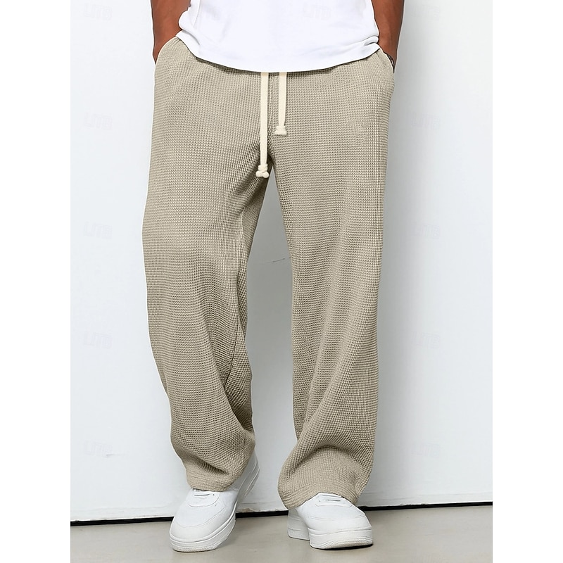 Men's Straight Leg Sweatpants Waffle Pants Drawstring Lattice Breathable Full Length Casual Daily Straight Dark Brown Black Micro-elastic2