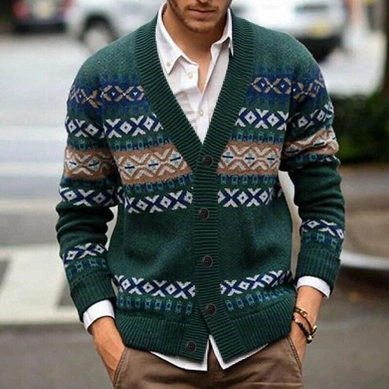 Men's Fair isle Sweater Cardigan Sweater V Neck Casual School Vacation Daily 3D Print Knitting Keep Warm Long Sleeve Spring Fall Winter Green