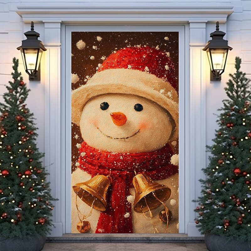 Christmas Door Cover Winter Holiday Curtain Decoration Festive Drapes Featuring Snowman With Red Scarf And Jingle Bells Large Fabric Panel For Home Living Room Bedroom Entryway Decor2