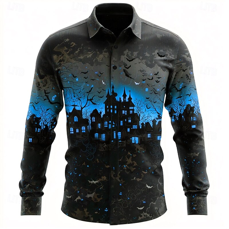 Halloween Men's Bat Horror Haunted House Shirt Button Up Shirt Long Sleeve Dark Punk Gothic Style Outdoor Holiday Summer Spring Turndown 3D Print Collared Shirts Blue Purple Orange Green3